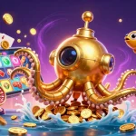 Engage with the dynamic link 1gom scene featuring a golden kraken submarine amidst a treasure of coins and slot games.