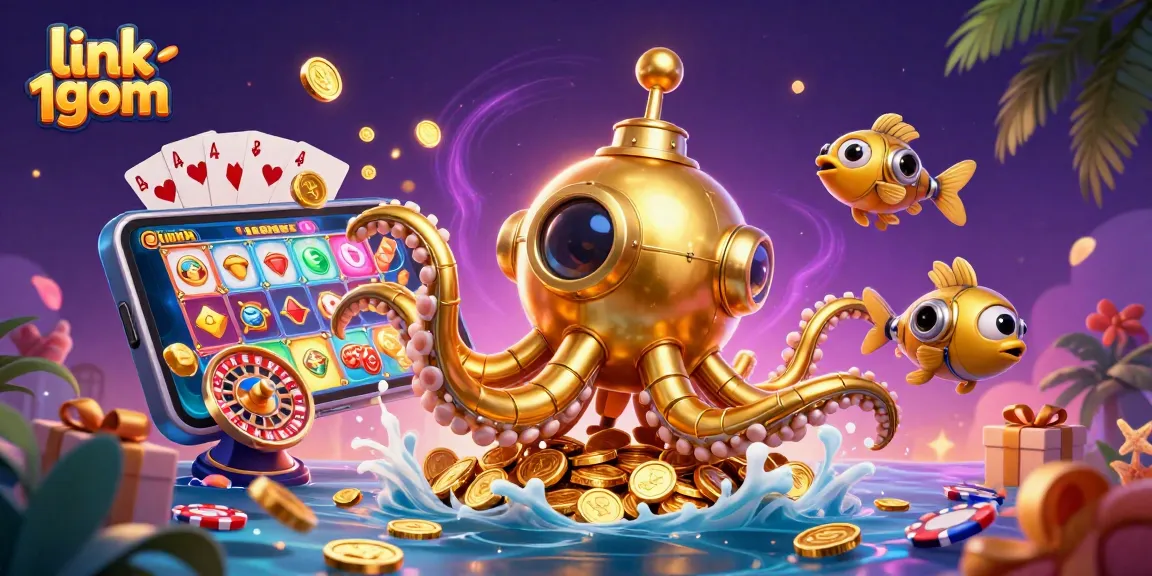 Engage with the dynamic link 1gom scene featuring a golden kraken submarine amidst a treasure of coins and slot games.