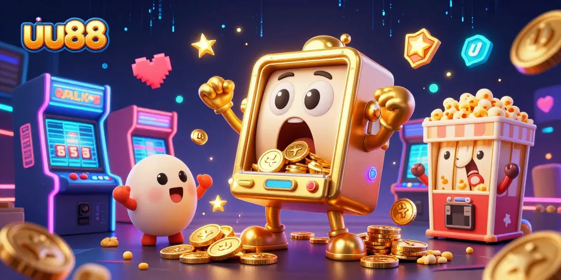 Experience uu88's thrilling jackpots as a golden slot machine signals victory with coins flowing in vibrant gaming atmosphere.