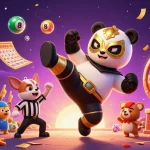 Experience rikvip action with a panda wrestler flying kick, surrounded by energetic gaming elements.