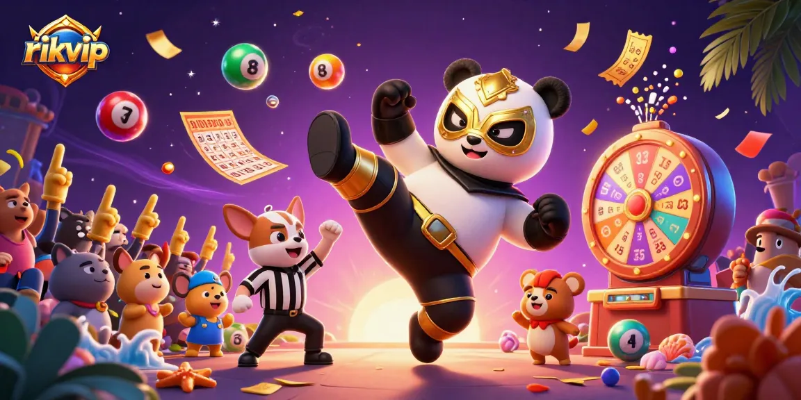 Experience rikvip action with a panda wrestler flying kick, surrounded by energetic gaming elements.