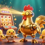 Experience the excitement of b52club with a vibrant casino illustration featuring a golden rooster robot and game elements.