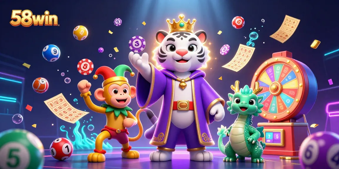 Experience 58win gaming excitement with the majestic tiger and playful monkey in vibrant casino setting.