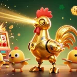 Engage with DA88 in an electrifying online casino scene featuring a golden rooster robot.