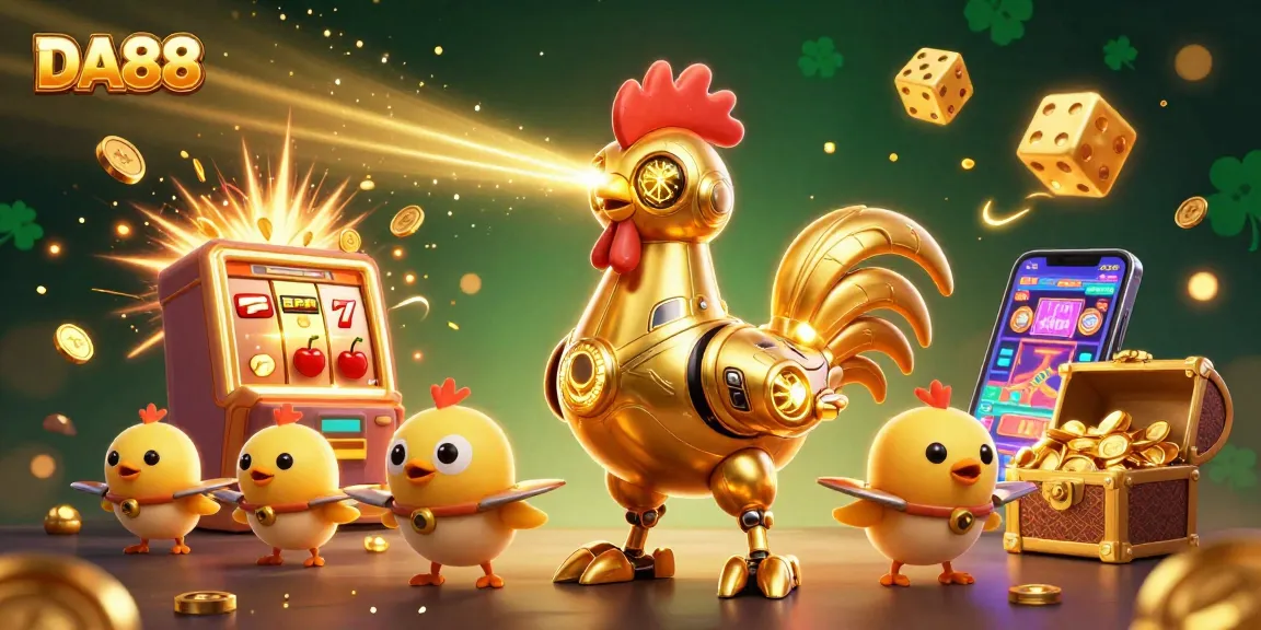 Engage with DA88 in an electrifying online casino scene featuring a golden rooster robot.