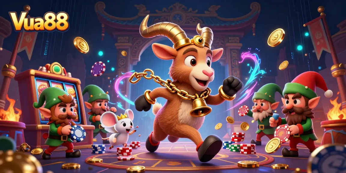 Experience thrilling wins at Vua88 with a dynamic, festive casino scene featuring Krampus and playful elves.