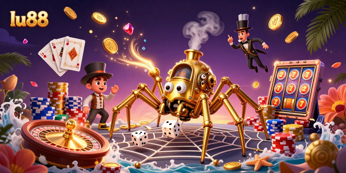 Engage with the thrilling world of lu 88 as a golden spider traps dice in its web amidst cascading coins and vibrant game elements.