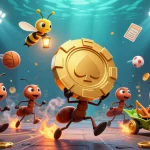 Experience thrilling gameplay with slot gacor, as ants heist a giant poker chip in an exciting casino scene.