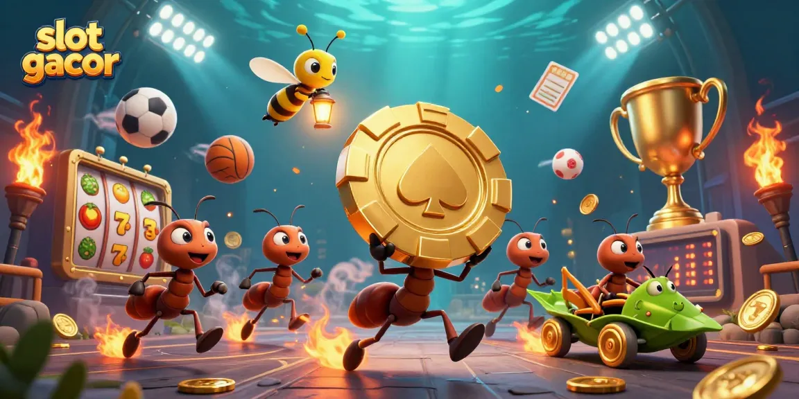 Experience thrilling gameplay with slot gacor, as ants heist a giant poker chip in an exciting casino scene.