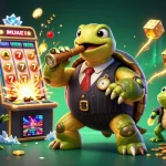 MUBET showcases a vibrant 3D casino scene with a snapping turtle mobster, golden dice, and lively slot machine action.