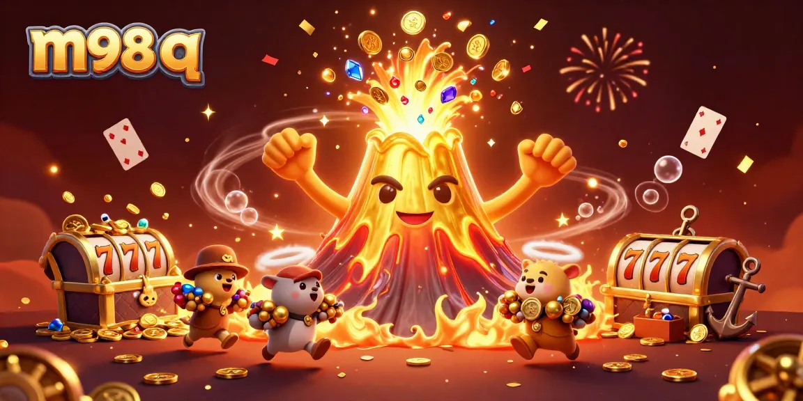 Spin exciting slots and win big with m98 q in this vibrant gaming scene featuring treasure and celebration.