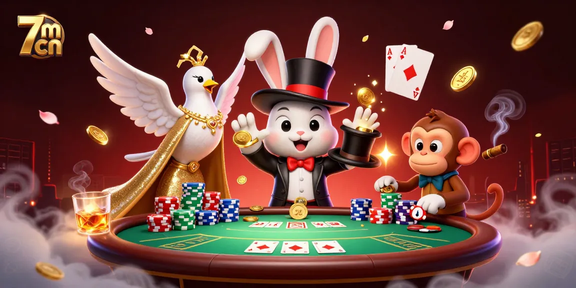 Engage with 7m cn's magical casino scene where a magician rabbit pulls coins, showcasing a dynamic poker atmosphere.