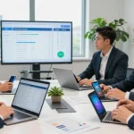 Compare business mobile deals UK in a professional office with teams evaluating pricing and features.