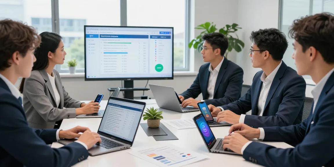 Compare business mobile deals UK in a professional office with teams evaluating pricing and features.
