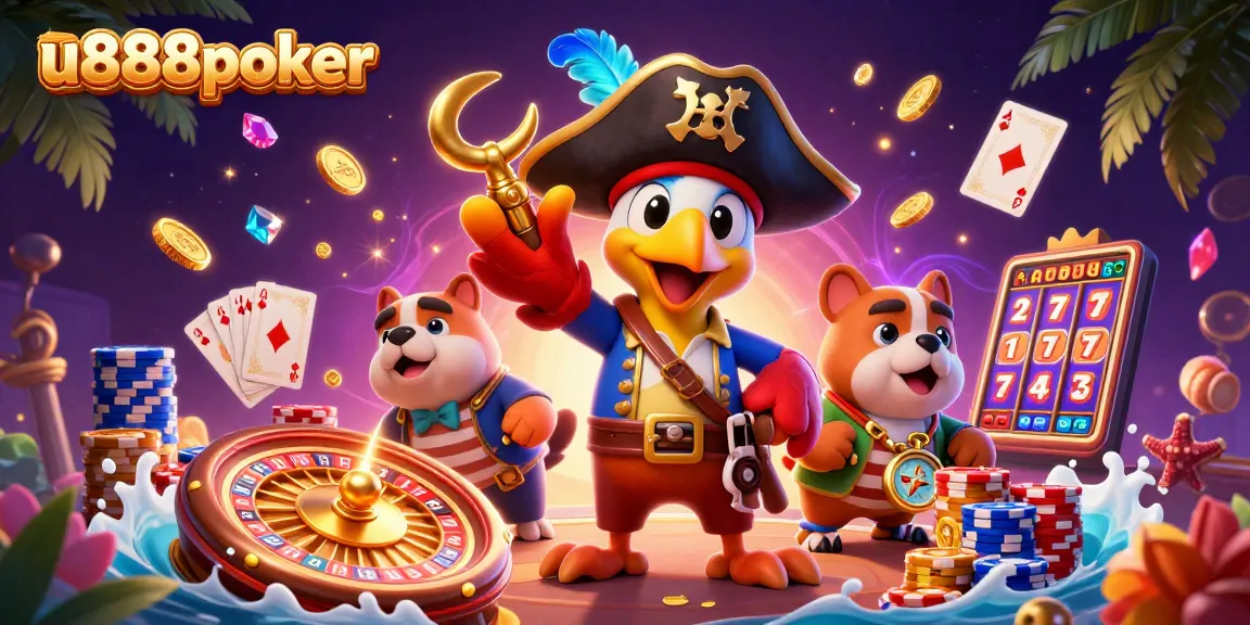 Experience thrilling gaming action with u888poker in an ultra-detailed 3D pirate casino scene.