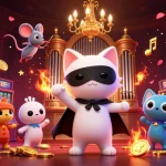 HITCLUB features a 3D cartoon cat and mouse in a vibrant casino scene, showcasing slot machines.