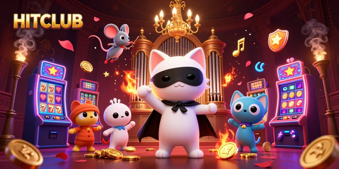 HITCLUB features a 3D cartoon cat and mouse in a vibrant casino scene, showcasing slot machines.