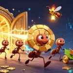 Experience thrilling adventures with Oxbet as ants heist a gigantic poker chip amidst a treasure scene.