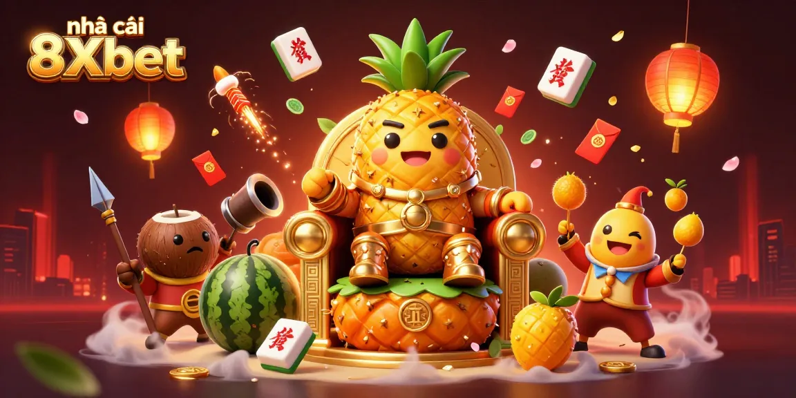 Join the excitement at nhà cái 8Xbet with vibrant casino characters in a dazzling beach scene.