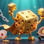Experience the thrill of playing at rikvip with captivating golden dice characters amid dynamic casino elements and vibrant graphics.