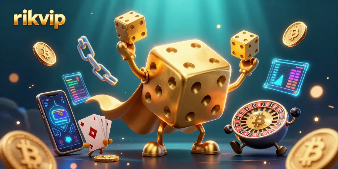 Experience the thrill of playing at rikvip with captivating golden dice characters amid dynamic casino elements and vibrant graphics.