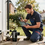 Blocked drains London inspection by professional plumber using advanced tools in residential setting.