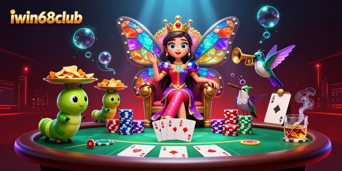 Play poker with iwin68club, a butterfly queen on her throne, surrounded by chips and cards.