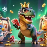 Nohuwin features a fun casino scene with T-Rex and playful characters enjoying exciting slot games.