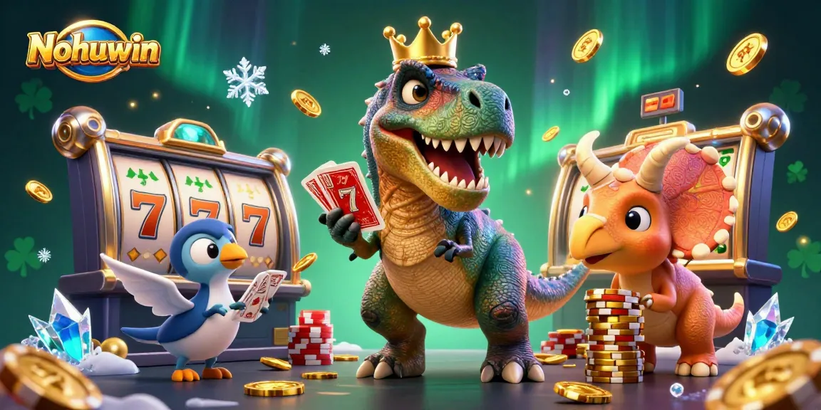 Nohuwin features a fun casino scene with T-Rex and playful characters enjoying exciting slot games.