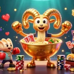 Bet on Typhu88 with vibrant characters dealing cards and stacking chips in a lively casino setting.