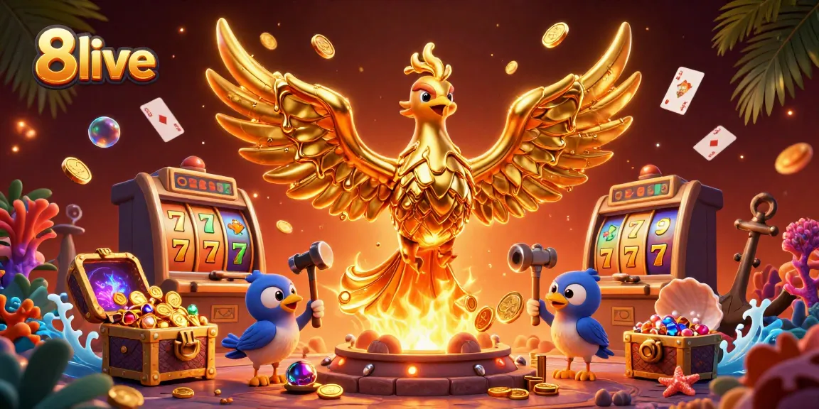 Experience thrilling wins at 8live with a vibrant 3D casino illustration, featuring rich gaming elements.