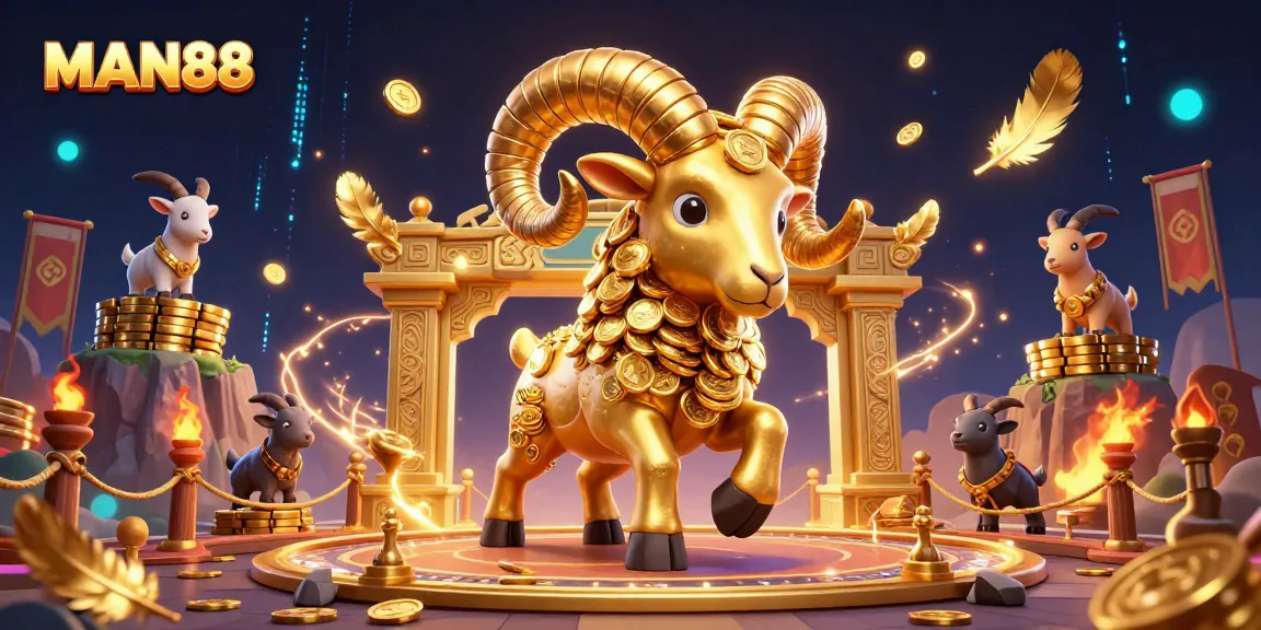 Engage in thrilling gameplay with MAN88's vibrant casino scene featuring a charging golden ram.