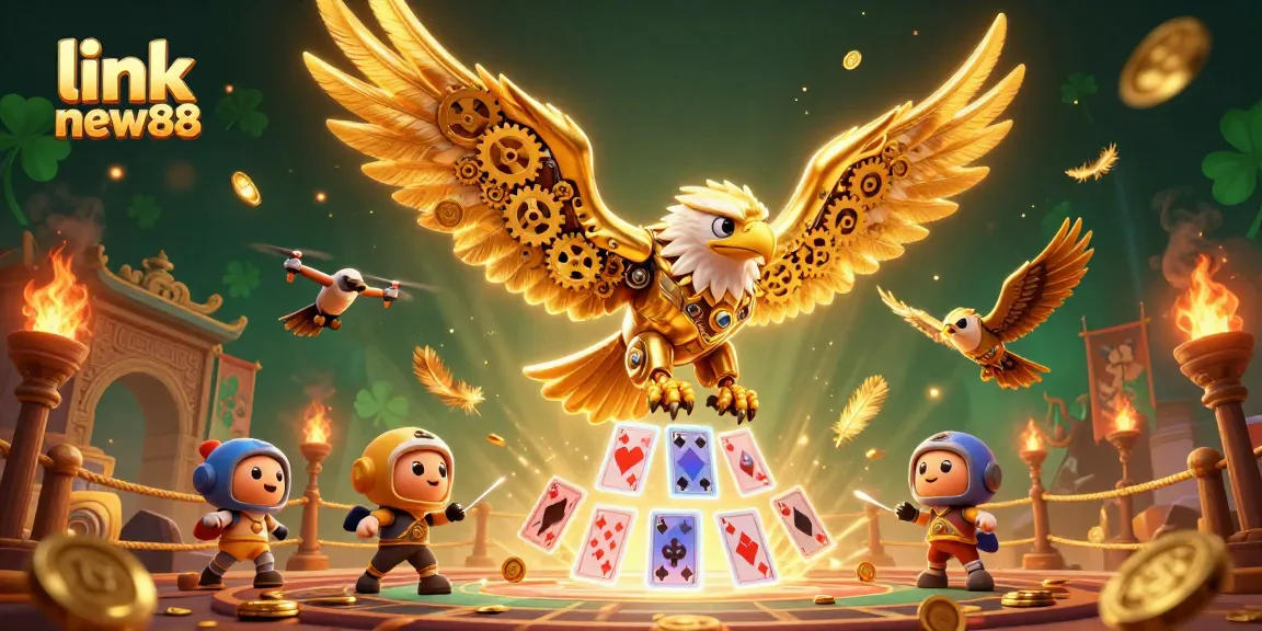 Experience thrilling gaming action with link new88 in a vibrant casino scene featuring a cybernetic eagle.