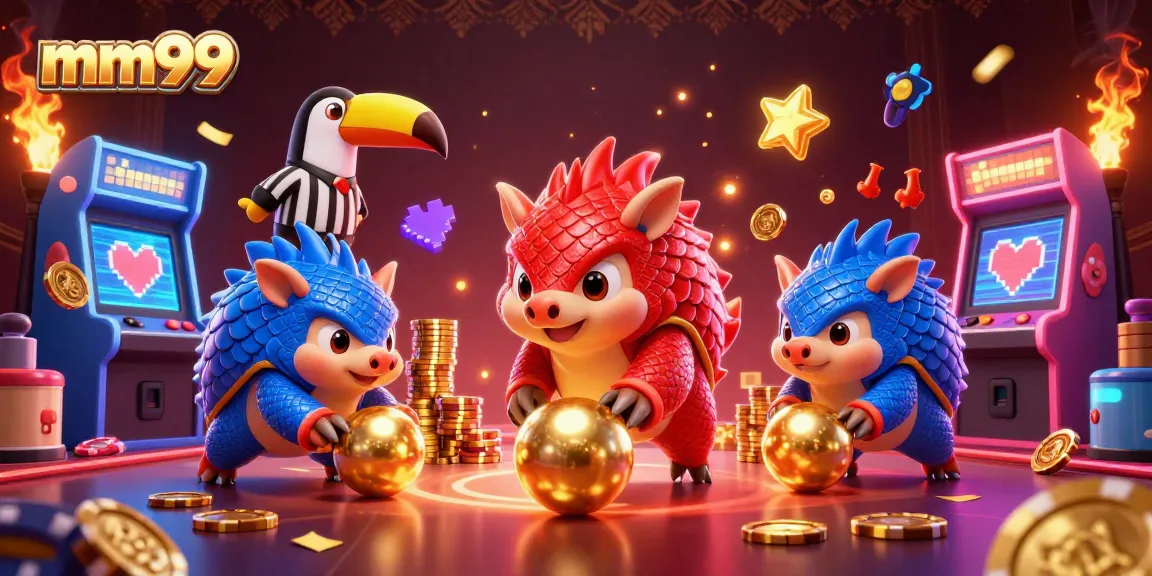 Engage with mm99's competitive edge in a lively casino scene featuring vibrant pangolins and dynamic gaming elements.