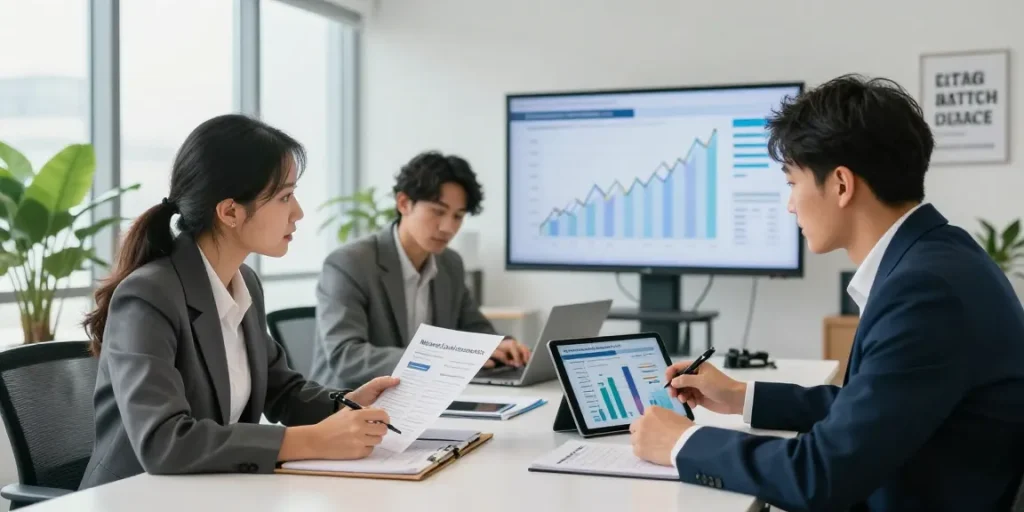 Financial professionals discussing strategies for merchant cash advance companies in a modern office setting.