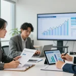 Financial professionals discussing strategies for merchant cash advance companies in a modern office setting.