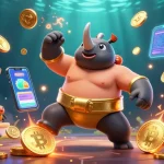 Watch the thrilling action of xoilac with a beetle champion amidst flying gold coins and neon coins.