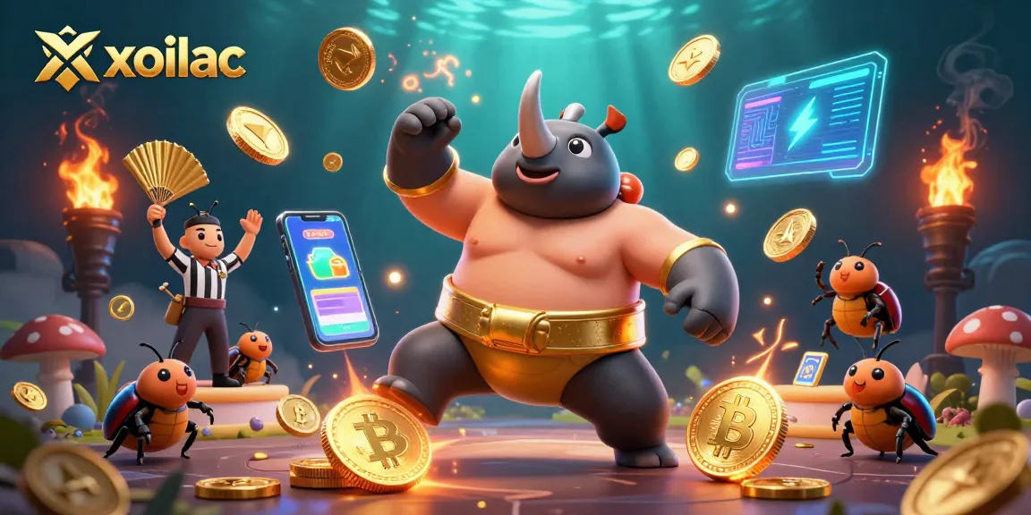 Watch the thrilling action of xoilac with a beetle champion amidst flying gold coins and neon coins.