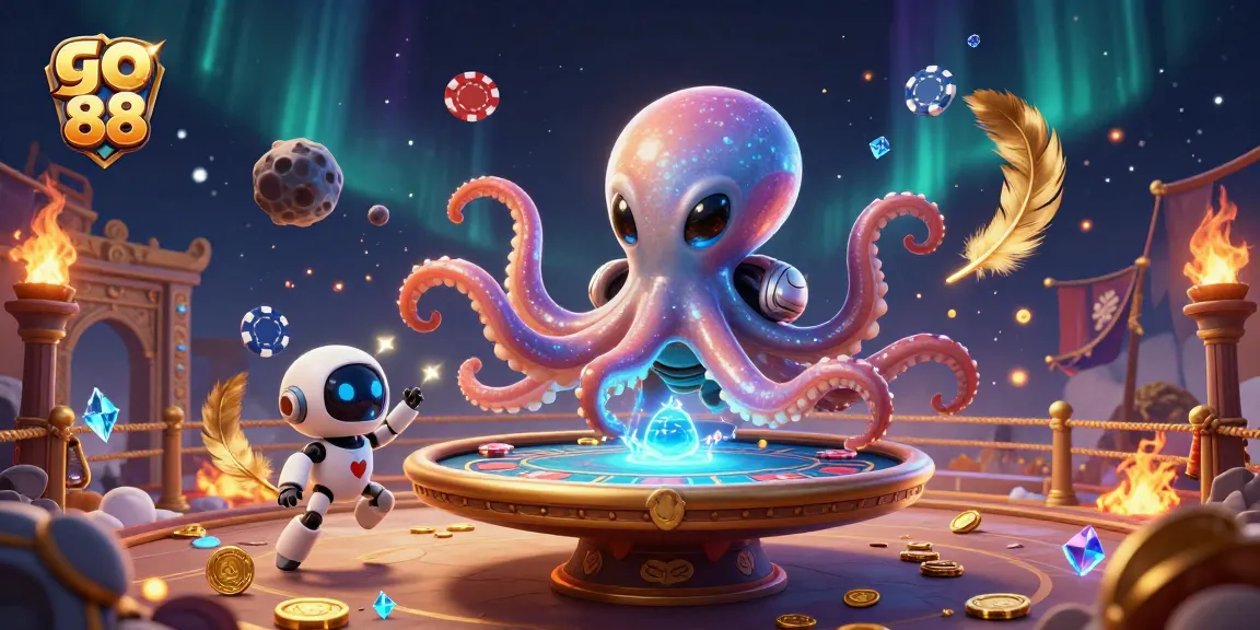 Engage in thrilling games with go 88, featuring a vibrant 3D alien octopus at a holographic poker table.
