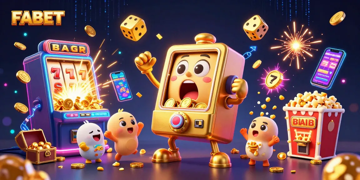 Engage with FABET's golden slot machine hitting a jackpot amidst a celebration of casino graphics.