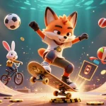 Iwinclub offers exciting gambling visuals with a cartoon fox skateboarder and BMX rabbit in a vibrant, casino-themed environment.
