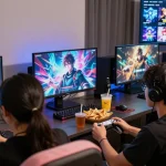 Diverse players enjoying Adult Visual Novel Games in a vibrant gaming setup with colorful graphics.