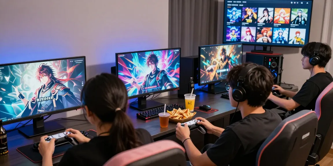 Diverse players enjoying Adult Visual Novel Games in a vibrant gaming setup with colorful graphics.