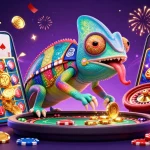 Vividly illustrating sunwin tải with a dynamic casino chameleon and gaming elements, engaging players in action.