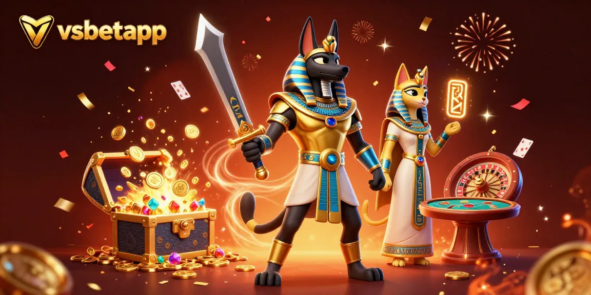Experience excitement at vsbetapp with a vibrant casino scene featuring Anubis and Bastet.