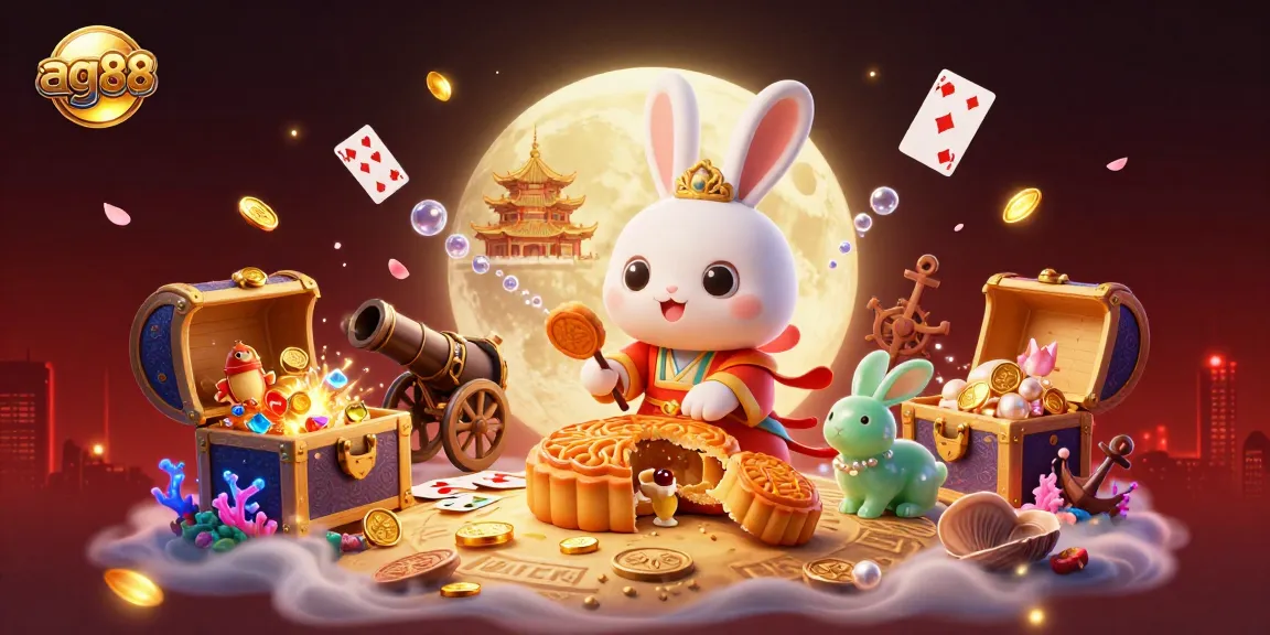 Experience game magic with ag88's vibrant casino illustration featuring a moon rabbit and poker elements.