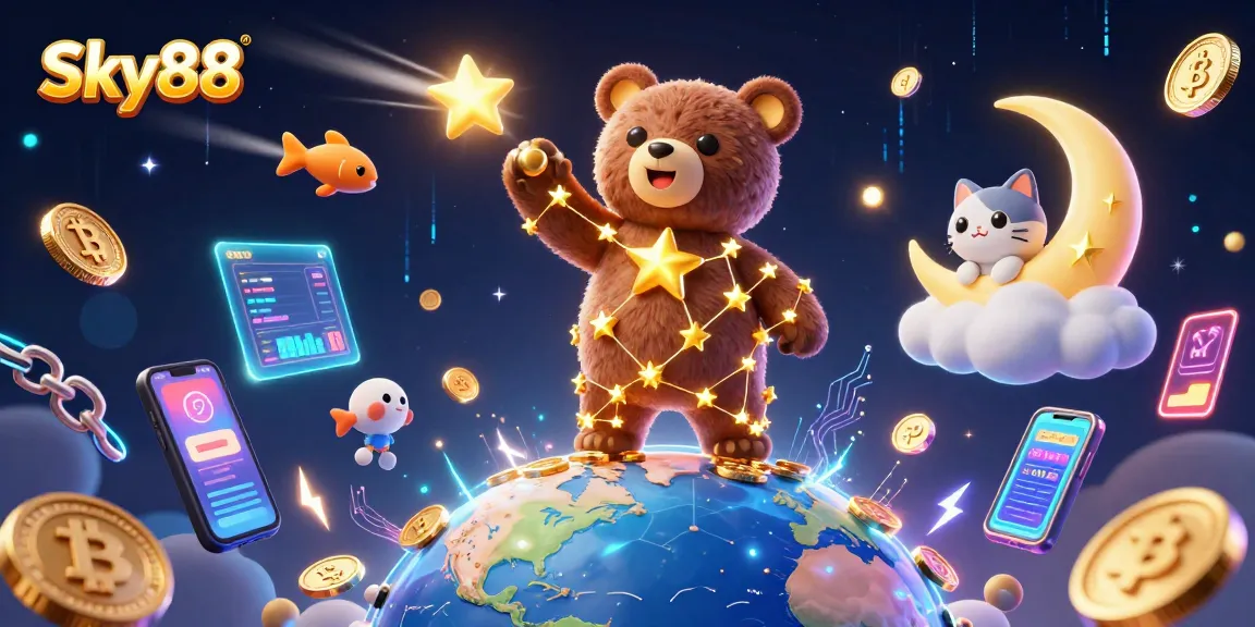 Sky88 features a constellation bear and casino elements, showcasing vibrant gaming action.