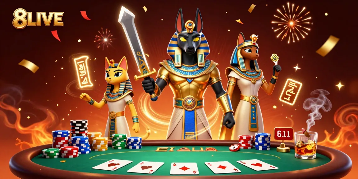 Experience the excitement of 8LIVE with powerful ancient characters amidst a dynamic poker scene.