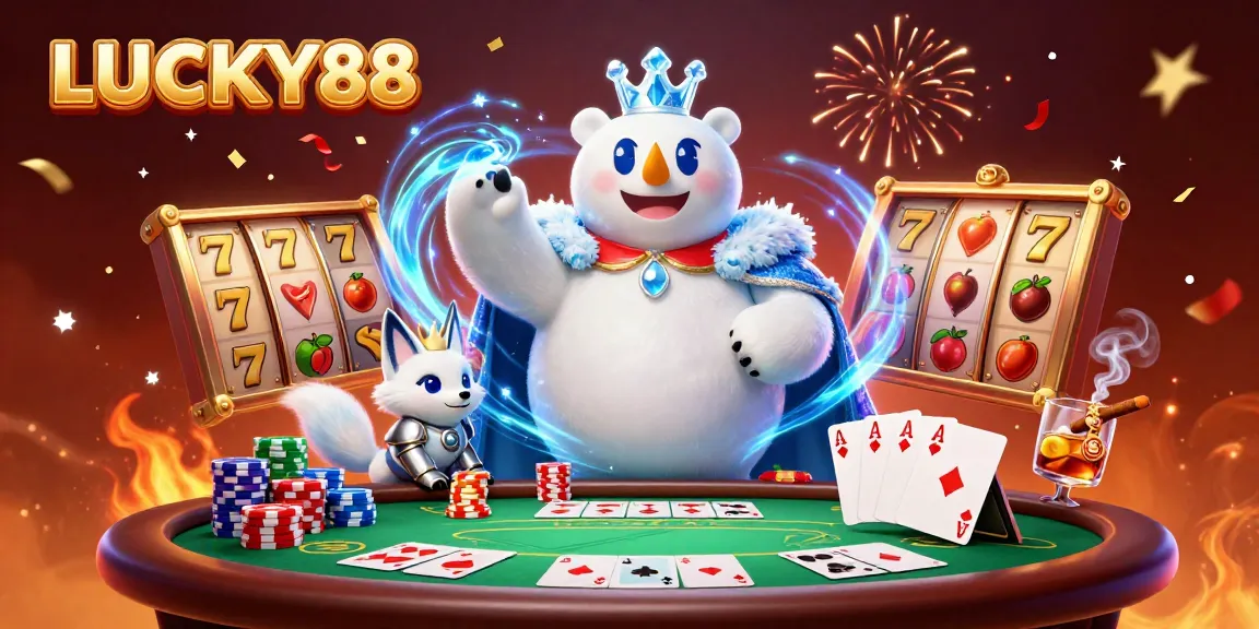 Experience the thrill of LUCKY88 with vibrant slot reels and poker elements in a dynamic casino scene.