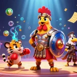 Experience thrilling games with rikvip, featuring a vibrant illustration of a rooster and elements of chance.